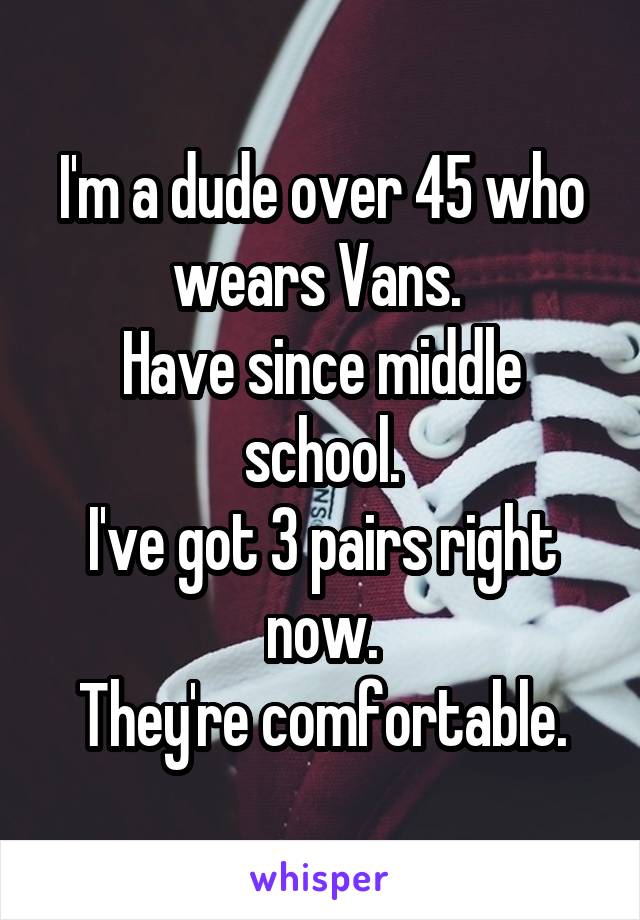 I'm a dude over 45 who wears Vans. 
Have since middle school.
I've got 3 pairs right now.
They're comfortable.