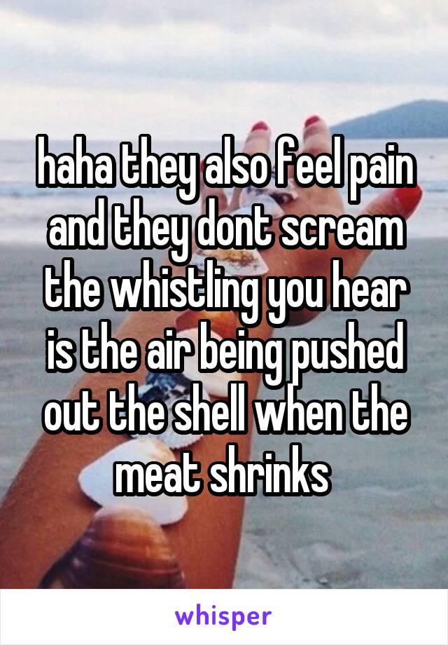 haha they also feel pain and they dont scream the whistling you hear is the air being pushed out the shell when the meat shrinks 