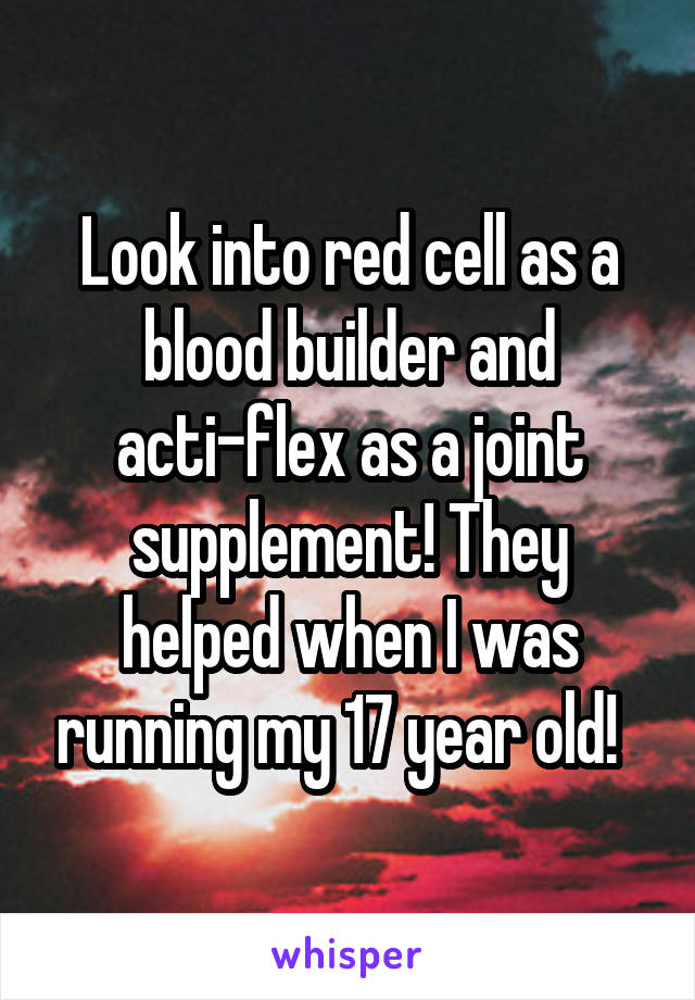 Look into red cell as a blood builder and acti-flex as a joint supplement! They helped when I was running my 17 year old!  