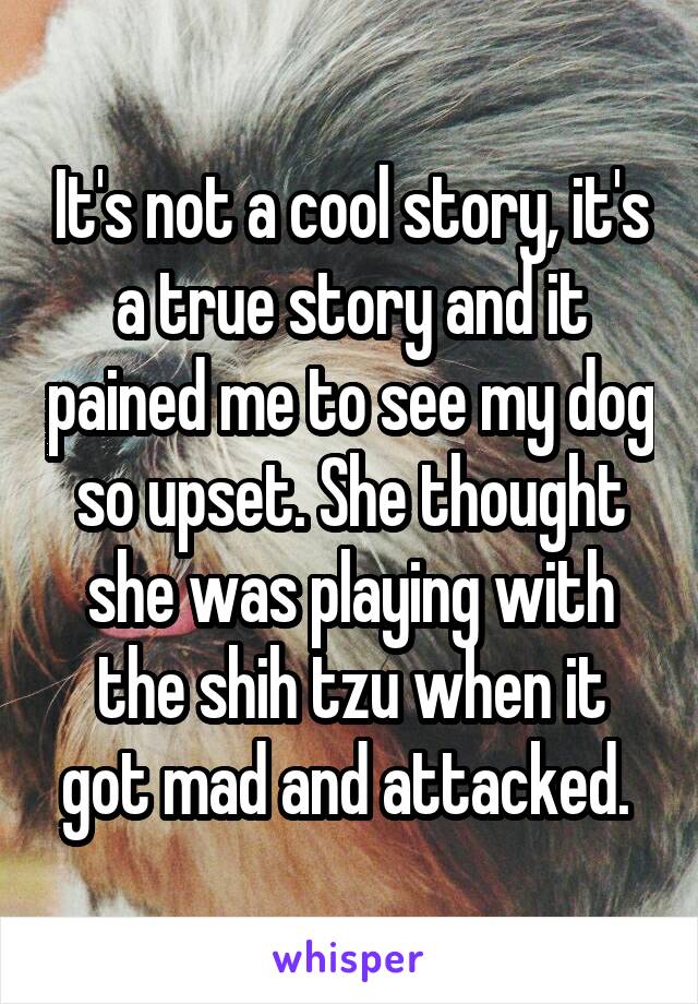 It's not a cool story, it's a true story and it pained me to see my dog so upset. She thought she was playing with the shih tzu when it got mad and attacked. 
