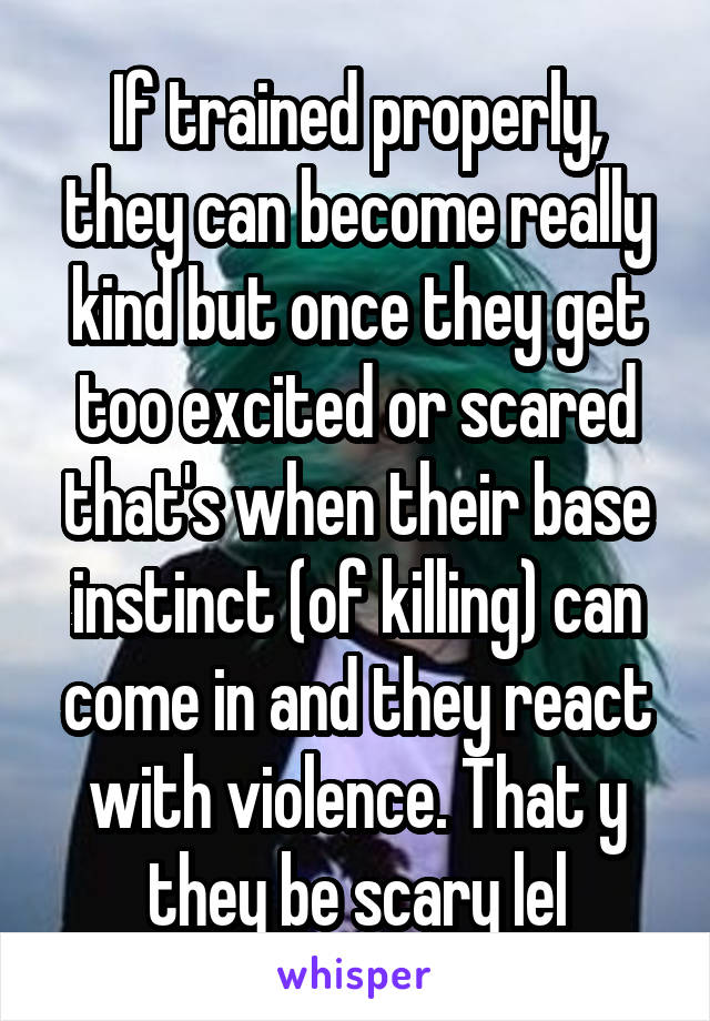 If trained properly, they can become really kind but once they get too excited or scared that's when their base instinct (of killing) can come in and they react with violence. That y they be scary lel