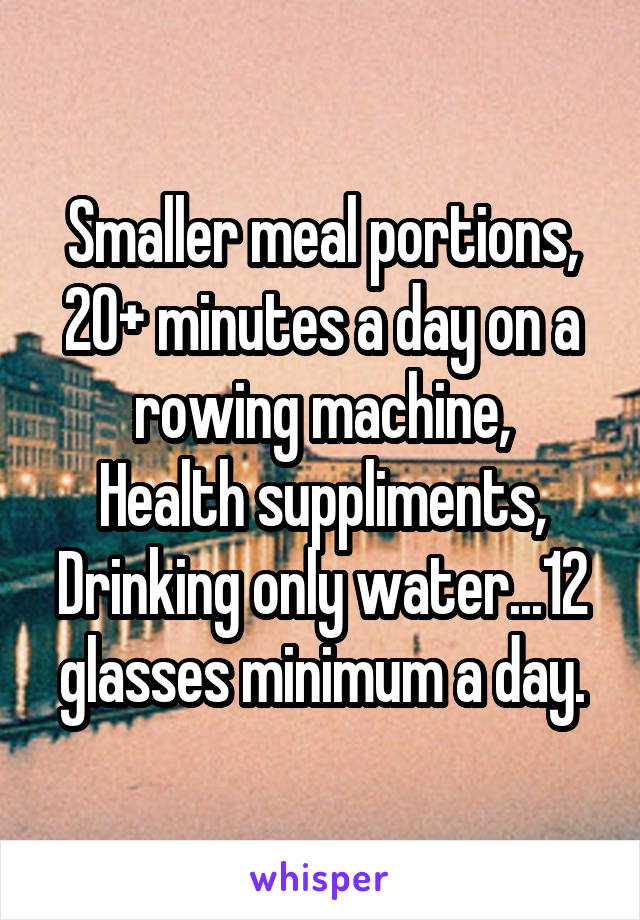 Smaller meal portions,
20+ minutes a day on a rowing machine,
Health suppliments,
Drinking only water...12 glasses minimum a day.