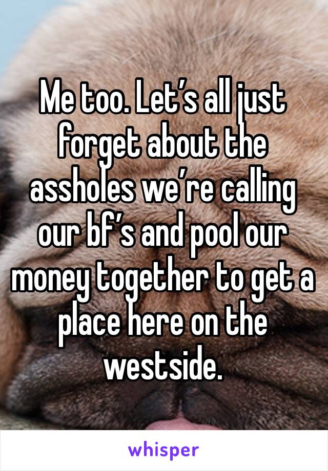 Me too. Let’s all just forget about the assholes we’re calling our bf’s and pool our money together to get a place here on the westside. 
