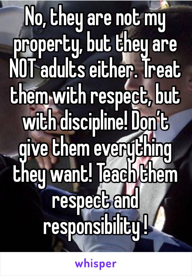 No, they are not my property, but they are NOT adults either. Treat them with respect, but with discipline! Don’t give them everything they want! Teach them respect and responsibility !