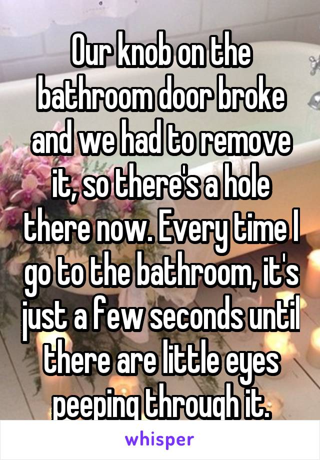 Our knob on the bathroom door broke and we had to remove it, so there's a hole there now. Every time I go to the bathroom, it's just a few seconds until there are little eyes peeping through it.