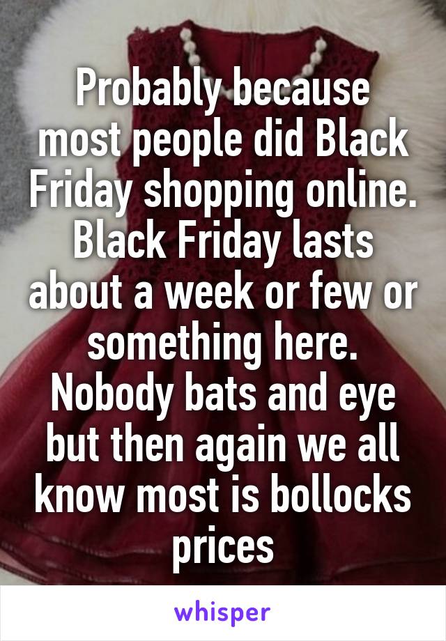 Probably because most people did Black Friday shopping online. Black Friday lasts about a week or few or something here. Nobody bats and eye but then again we all know most is bollocks prices
