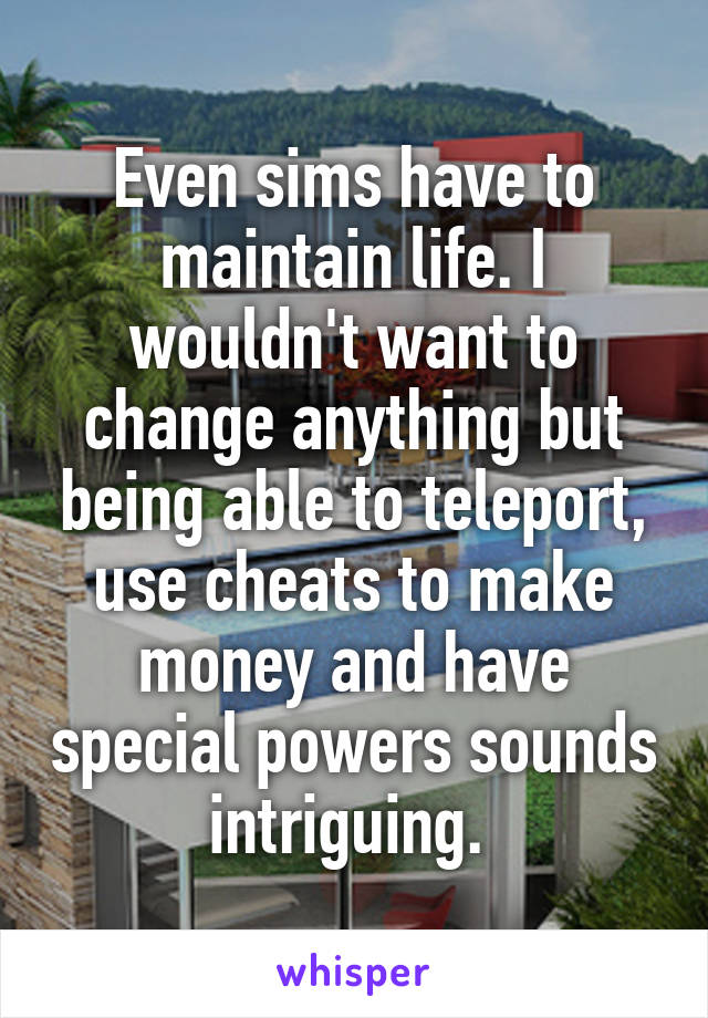 Even sims have to maintain life. I wouldn't want to change anything but being able to teleport, use cheats to make money and have special powers sounds intriguing. 