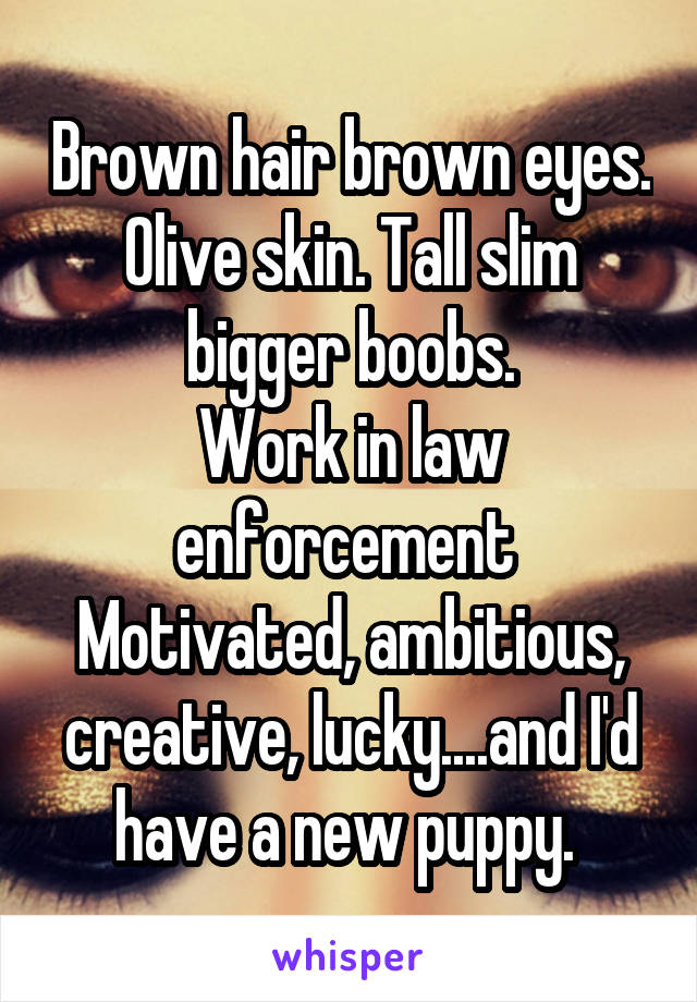 Brown hair brown eyes. Olive skin. Tall slim bigger boobs.
Work in law enforcement 
Motivated, ambitious, creative, lucky....and I'd have a new puppy. 