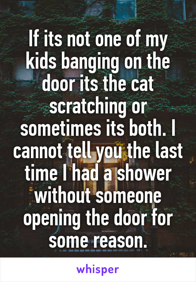 If its not one of my kids banging on the door its the cat scratching or sometimes its both. I cannot tell you the last time I had a shower without someone opening the door for some reason.