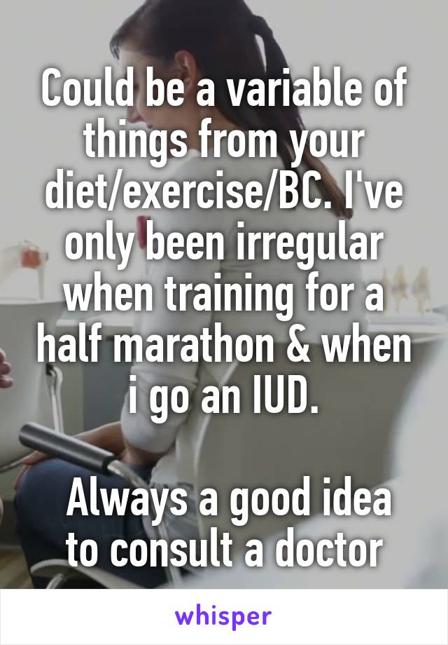 Could be a variable of things from your diet/exercise/BC. I've only been irregular when training for a half marathon & when i go an IUD.

 Always a good idea to consult a doctor