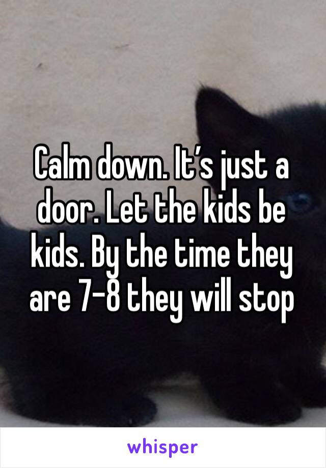 Calm down. It’s just a door. Let the kids be kids. By the time they are 7-8 they will stop