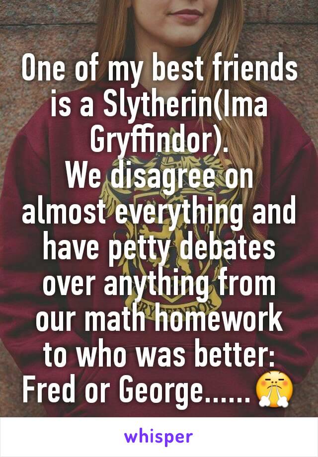 One of my best friends is a Slytherin(Ima Gryffindor).
We disagree on almost everything and have petty debates over anything from our math homework to who was better: Fred or George......😤