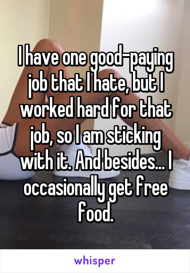 I have one good-paying job that I hate, but I worked hard for that job, so I am sticking with it. And besides... I occasionally get free food.