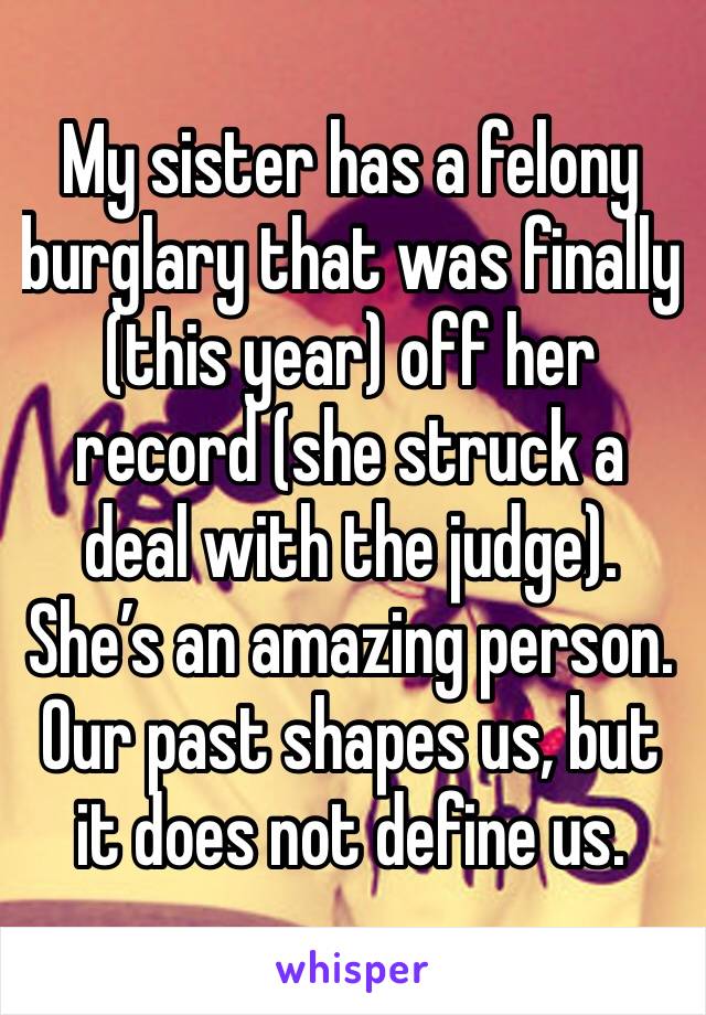 My sister has a felony burglary that was finally (this year) off her record (she struck a deal with the judge). She’s an amazing person. Our past shapes us, but it does not define us. 