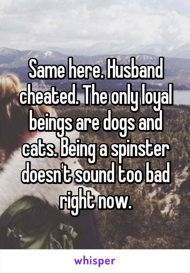 Same here. Husband cheated. The only loyal beings are dogs and cats. Being a spinster doesn't sound too bad right now.