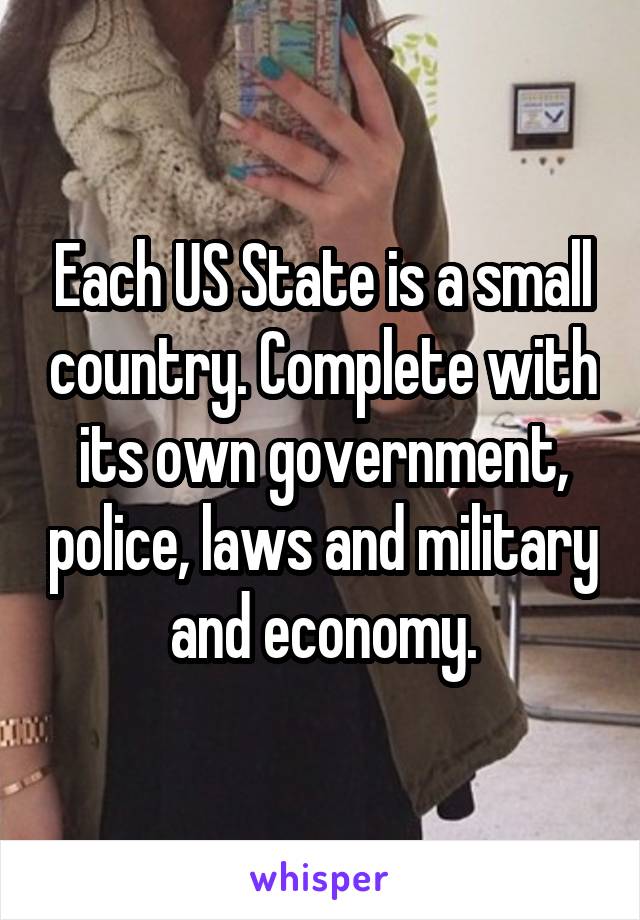 Each US State is a small country. Complete with its own government, police, laws and military and economy.