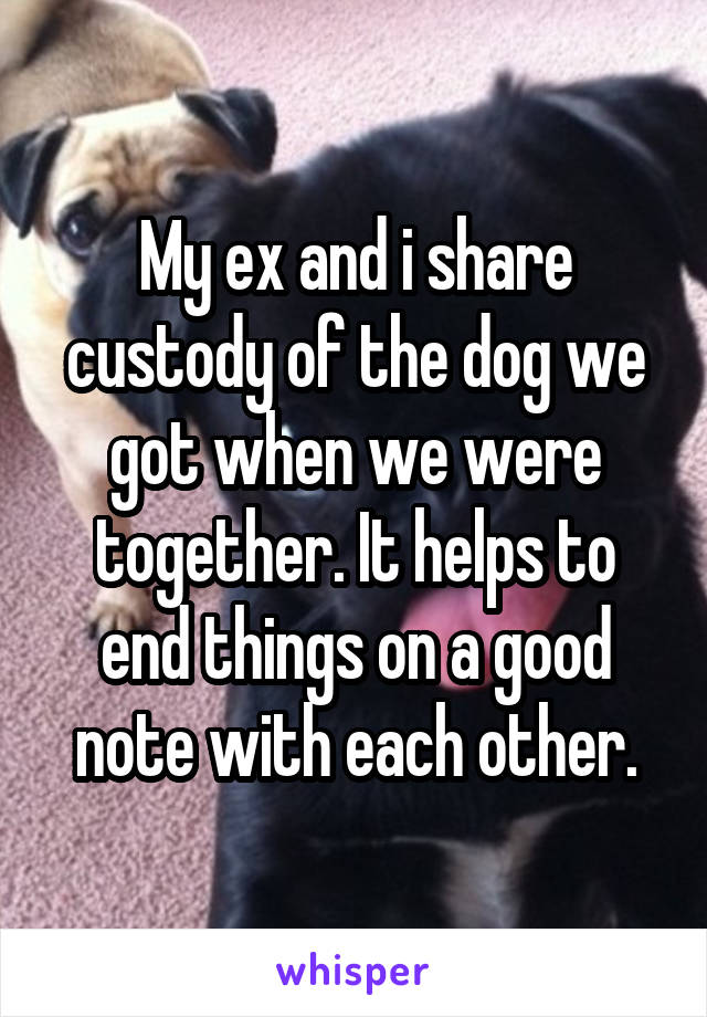 My ex and i share custody of the dog we got when we were together. It helps to end things on a good note with each other.