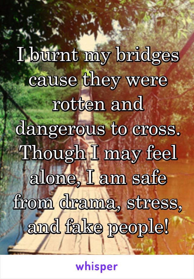 I burnt my bridges cause they were rotten and dangerous to cross. Though I may feel alone, I am safe from drama, stress, and fake people!