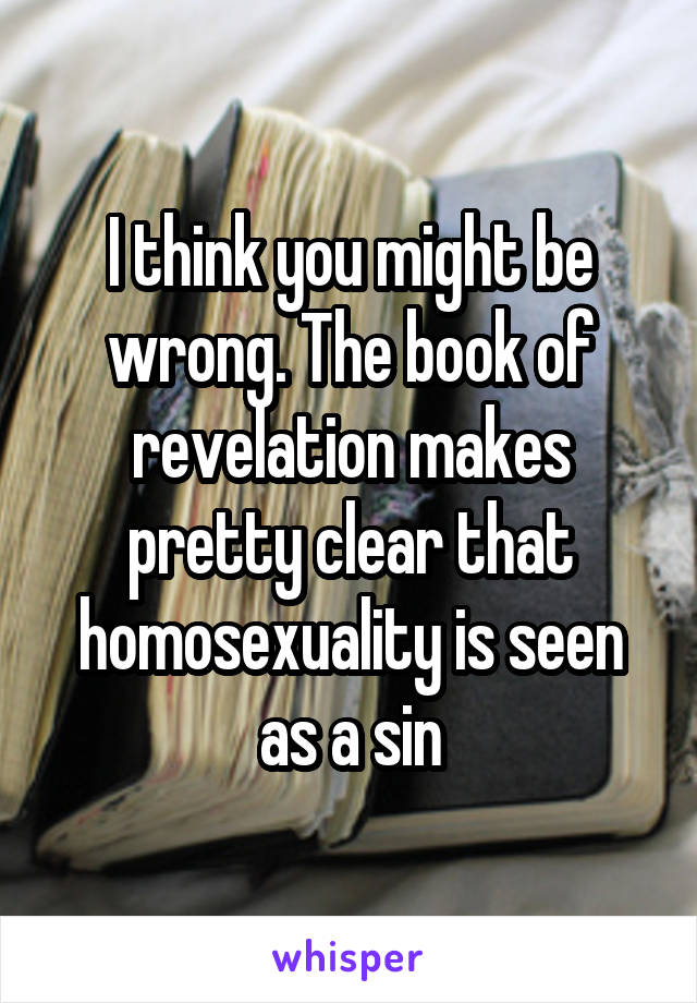 I think you might be wrong. The book of revelation makes pretty clear that homosexuality is seen as a sin