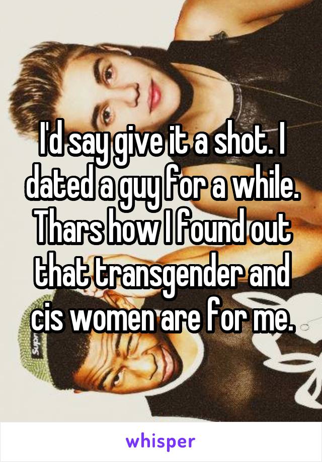 I'd say give it a shot. I dated a guy for a while. Thars how I found out that transgender and cis women are for me.