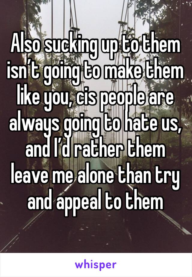 Also sucking up to them isn’t going to make them like you, cis people are always going to hate us, and I’d rather them leave me alone than try and appeal to them