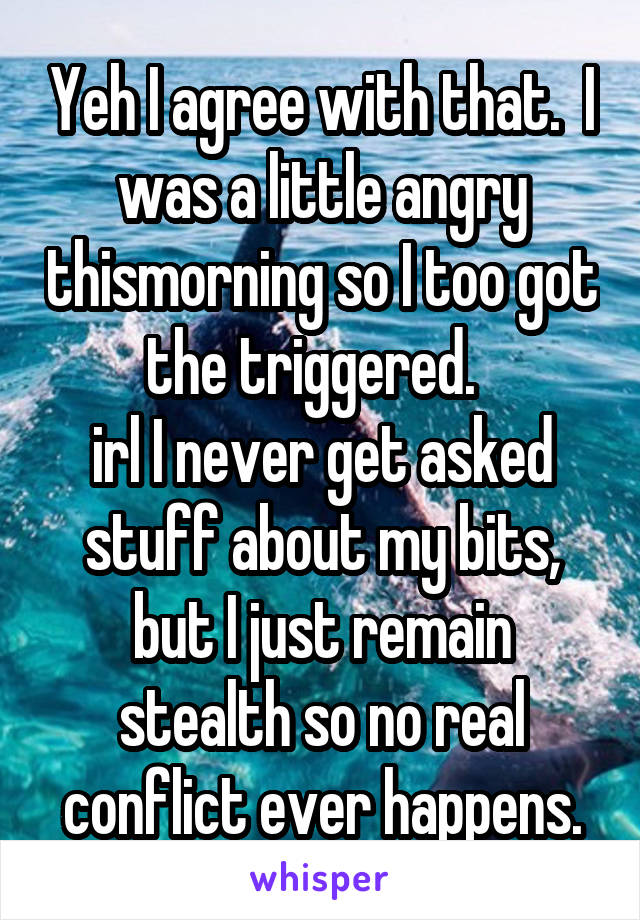 Yeh I agree with that.  I was a little angry thismorning so I too got the triggered.  
irl I never get asked stuff about my bits, but I just remain stealth so no real conflict ever happens.