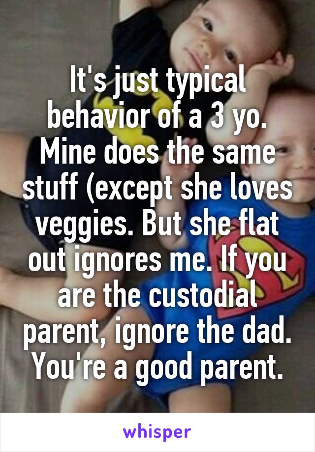 It's just typical behavior of a 3 yo. Mine does the same stuff (except she loves veggies. But she flat out ignores me. If you are the custodial parent, ignore the dad. You're a good parent.