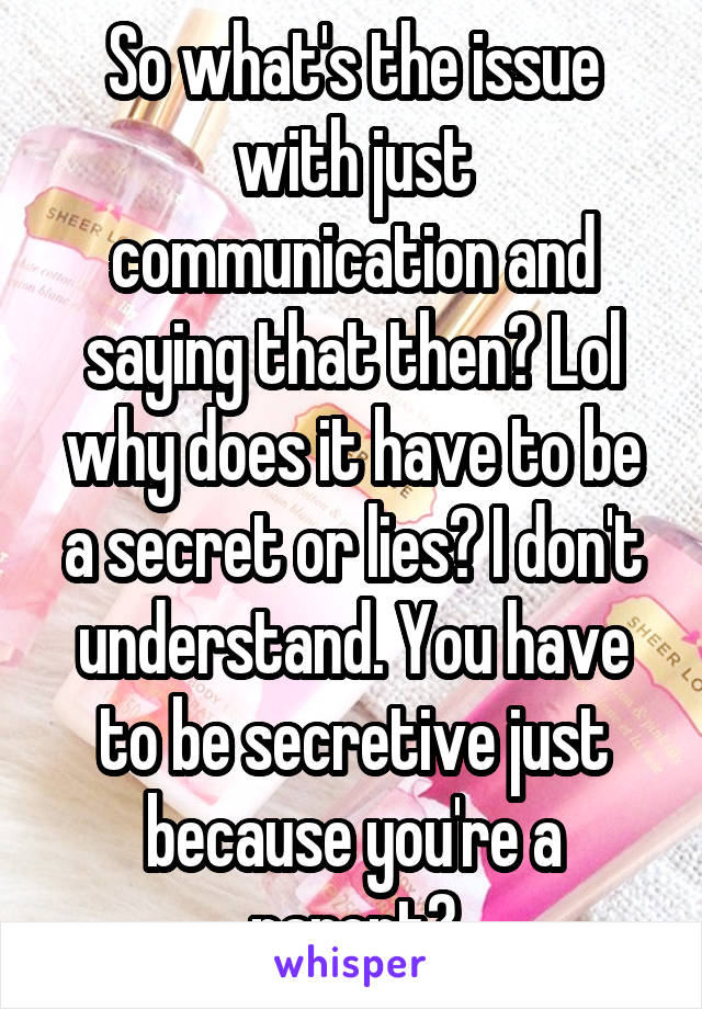 So what's the issue with just communication and saying that then? Lol why does it have to be a secret or lies? I don't understand. You have to be secretive just because you're a parent?