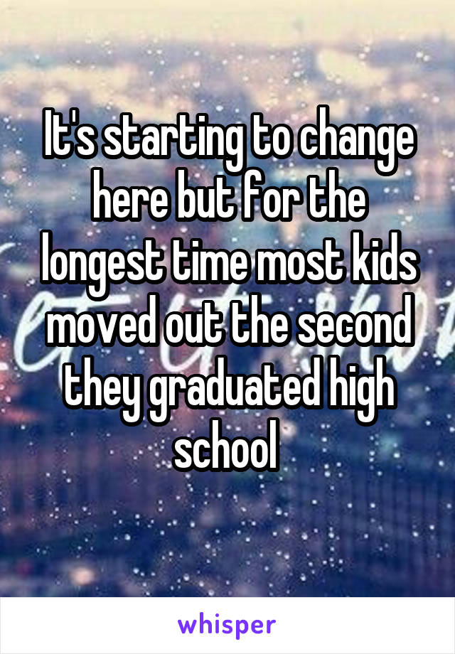 It's starting to change here but for the longest time most kids moved out the second they graduated high school 
