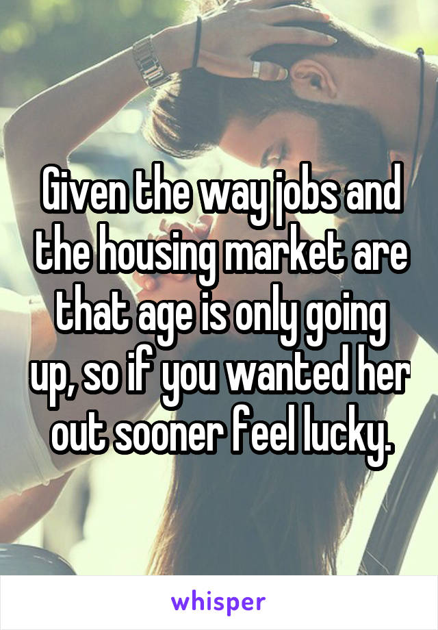 Given the way jobs and the housing market are that age is only going up, so if you wanted her out sooner feel lucky.