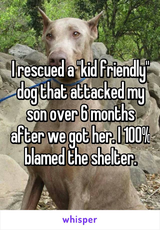 I rescued a "kid friendly" dog that attacked my son over 6 months after we got her. I 100% blamed the shelter.