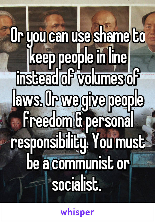 Or you can use shame to keep people in line instead of volumes of laws. Or we give people freedom & personal responsibility. You must be a communist or socialist. 