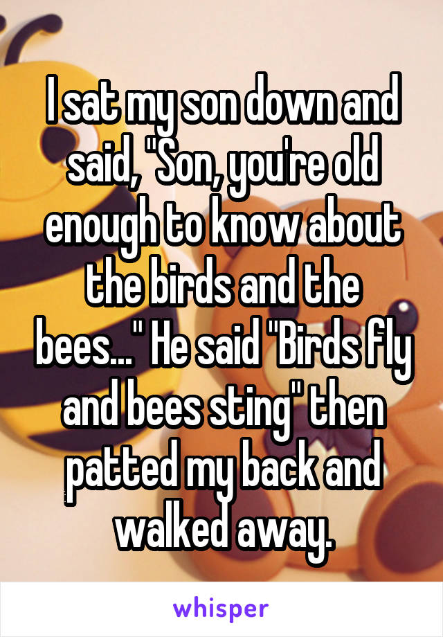 I sat my son down and said, "Son, you're old enough to know about the birds and the bees..." He said "Birds fly and bees sting" then patted my back and walked away.