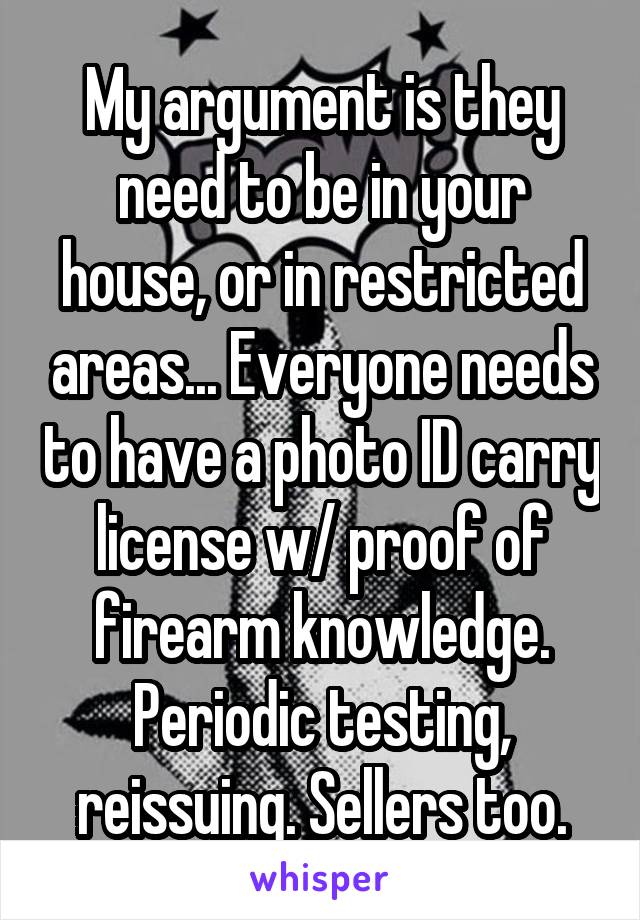 My argument is they need to be in your house, or in restricted areas... Everyone needs to have a photo ID carry license w/ proof of firearm knowledge. Periodic testing, reissuing. Sellers too.