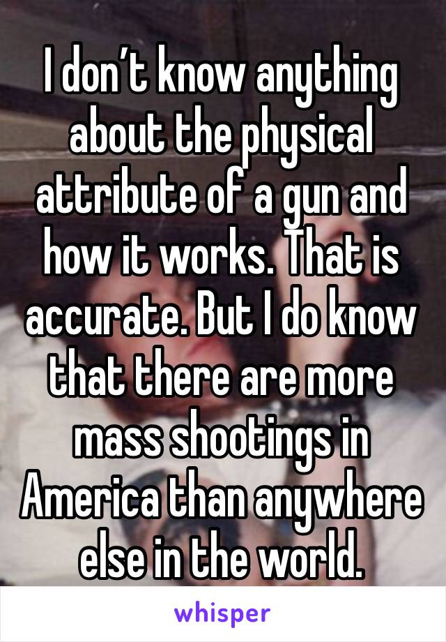 I don’t know anything about the physical attribute of a gun and how it works. That is accurate. But I do know that there are more mass shootings in America than anywhere else in the world.