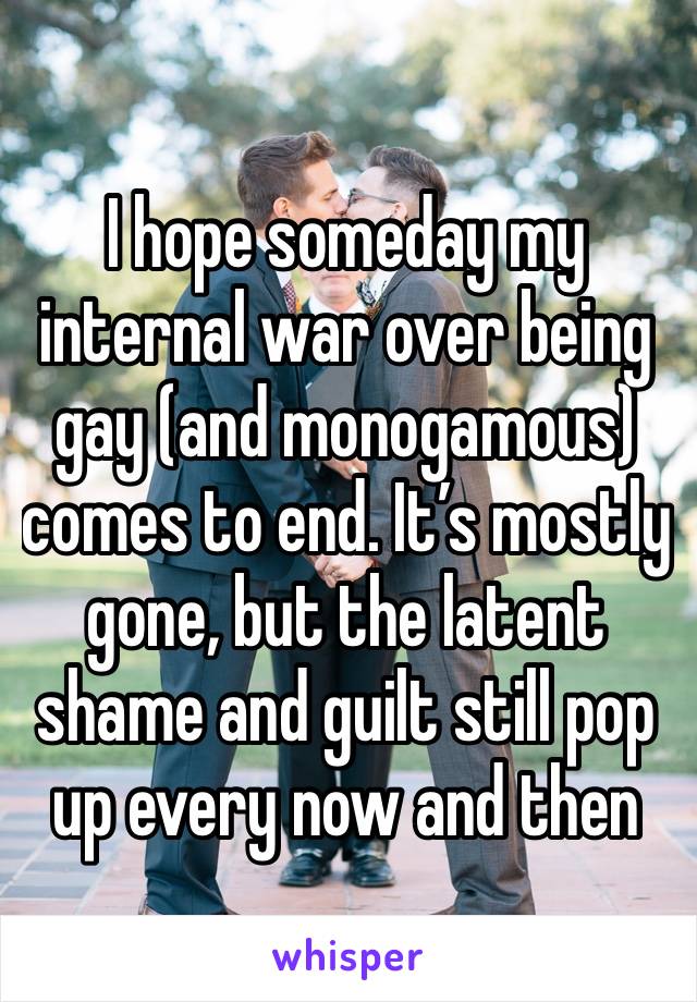 I hope someday my internal war over being gay (and monogamous) comes to end. It’s mostly gone, but the latent shame and guilt still pop up every now and then 