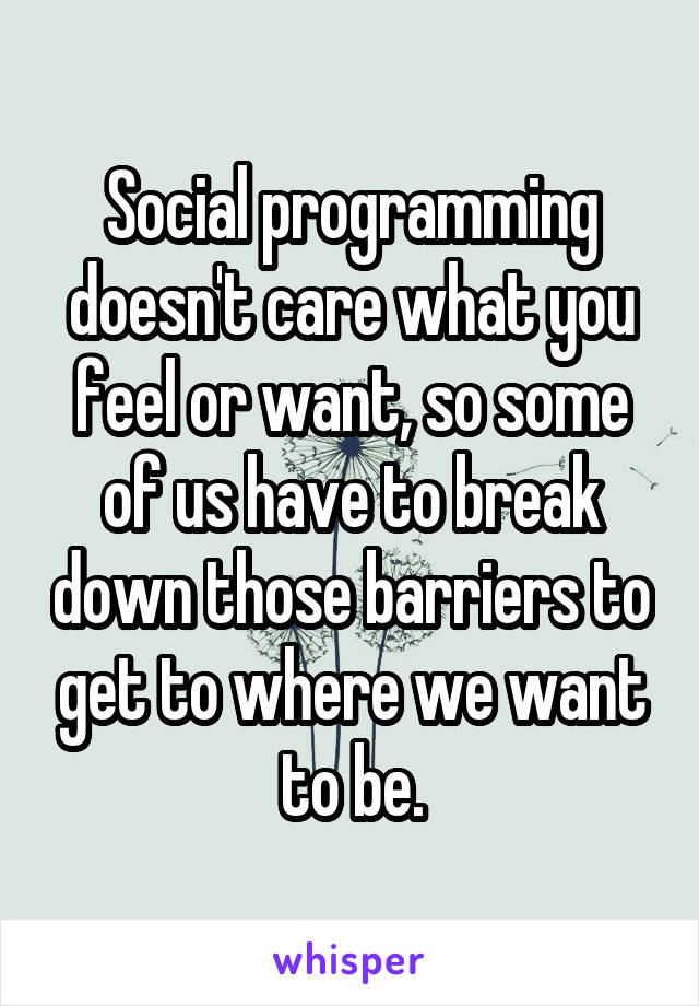 Social programming doesn't care what you feel or want, so some of us have to break down those barriers to get to where we want to be.