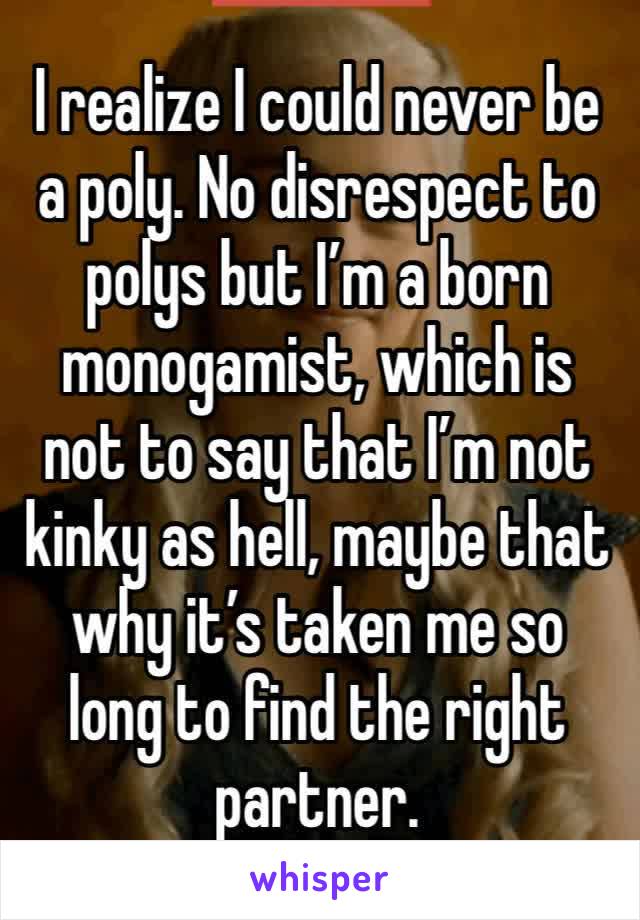 I realize I could never be a poly. No disrespect to polys but I’m a born monogamist, which is not to say that I’m not kinky as hell, maybe that why it’s taken me so long to find the right partner.