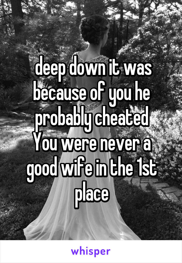  deep down it was because of you he probably cheated
You were never a good wife in the 1st place