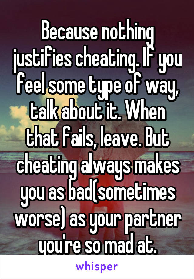 Because nothing justifies cheating. If you feel some type of way, talk about it. When that fails, leave. But cheating always makes you as bad(sometimes worse) as your partner you're so mad at.