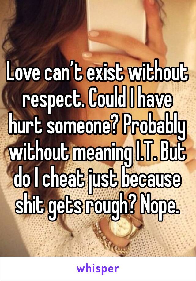 Love can’t exist without respect. Could I have hurt someone? Probably without meaning I.T. But do I cheat just because shit gets rough? Nope. 