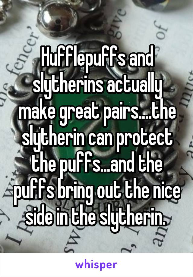 Hufflepuffs and slytherins actually make great pairs....the slytherin can protect the puffs...and the puffs bring out the nice side in the slytherin. 