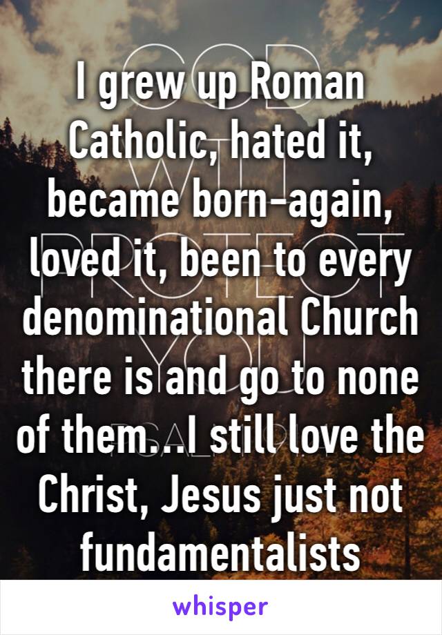 I grew up Roman Catholic, hated it, became born-again, loved it, been to every denominational Church there is and go to none of them…I still love the Christ, Jesus just not fundamentalists