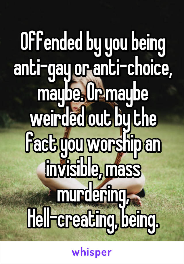 Offended by you being anti-gay or anti-choice, maybe. Or maybe weirded out by the fact you worship an invisible, mass murdering, Hell-creating, being.