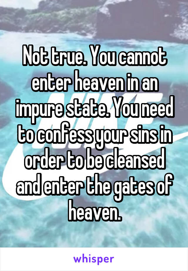 Not true. You cannot enter heaven in an impure state. You need to confess your sins in order to be cleansed and enter the gates of heaven.