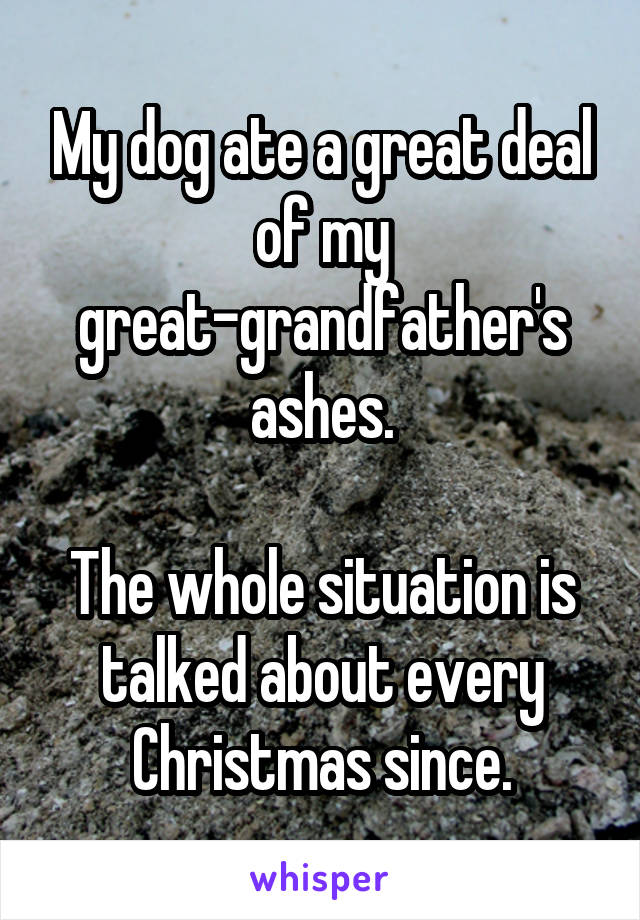 My dog ate a great deal of my great-grandfather's ashes.

The whole situation is talked about every Christmas since.