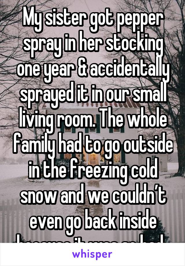 My sister got pepper spray in her stocking one year & accidentally sprayed it in our small living room. The whole family had to go outside in the freezing cold snow and we couldn’t even go back inside because it was so bad. 