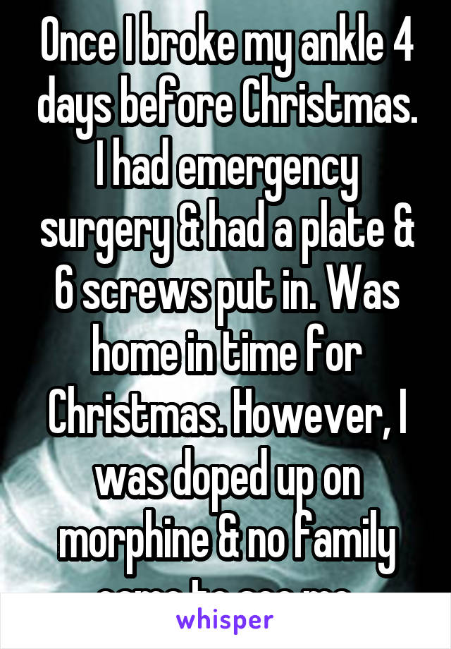 Once I broke my ankle 4 days before Christmas. I had emergency surgery & had a plate & 6 screws put in. Was home in time for Christmas. However, I was doped up on morphine & no family came to see me.