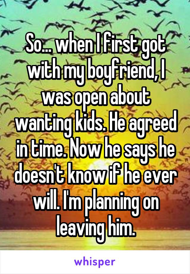 So... when I first got with my boyfriend, I was open about wanting kids. He agreed in time. Now he says he doesn't know if he ever will. I'm planning on leaving him.