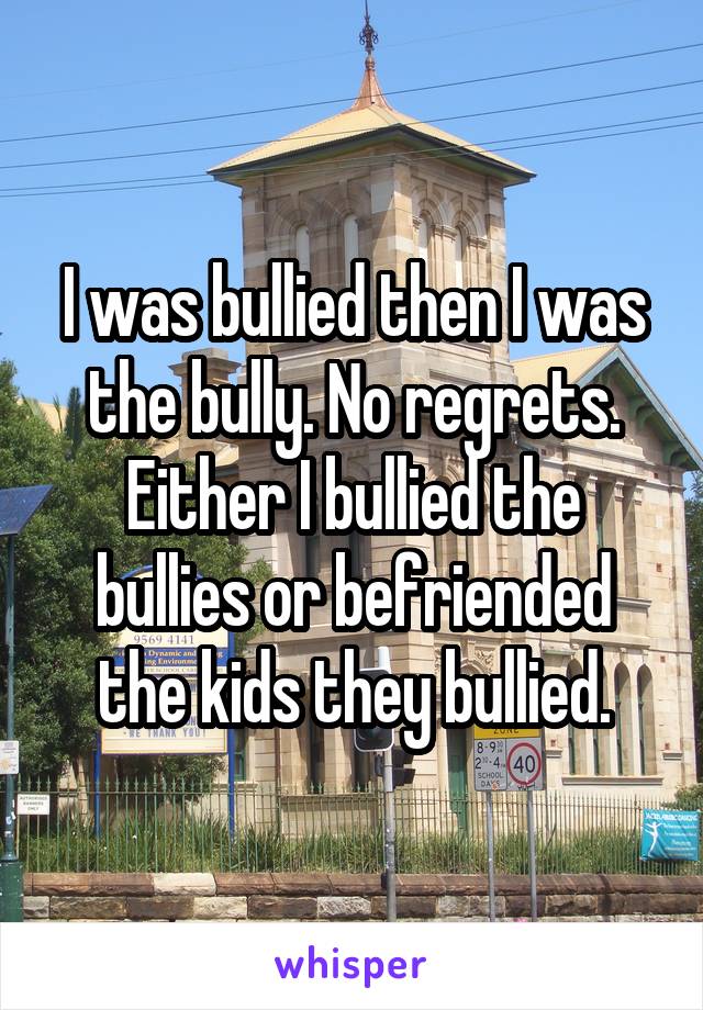 I was bullied then I was the bully. No regrets. Either I bullied the bullies or befriended the kids they bullied.